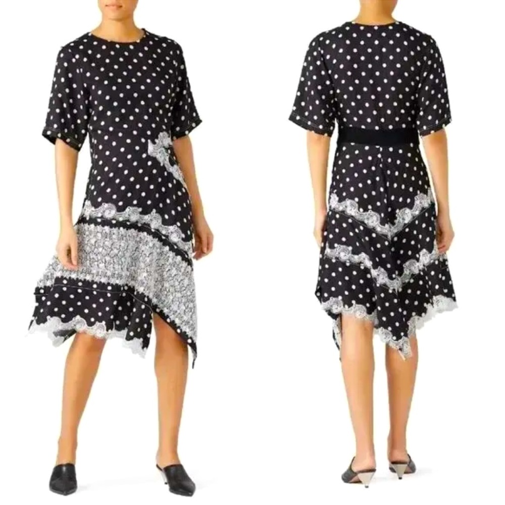Koché Silk Black & White Polka Dot Asymmetric Hem Dress Lace Detail Sz 40EU $665